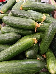 Fresh green cucumbers piled high in a retail bin, showcasing healthy, organic produce for sale, representing nutrition, vegetarian food, and market abundance