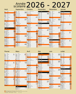 Calendrier scolaire 2026-2027, calques, vacances scolaires, Saints, 12 mois