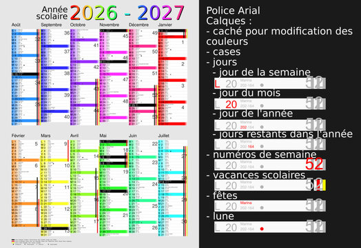 Calendrier scolaire 2026-2027, calques, vacances scolaires, Saints, 12 mois