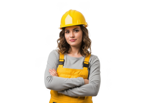 Young female construction worker wearing yellow hard hat and overalls with arms crossed isolated on transparent background - Powered by Adobe