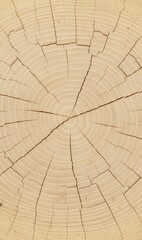 Fototapeta premium Light wood cross-section texture with visible annual growth rings and natural cracks, symbolizing time, nature, and organic design background.