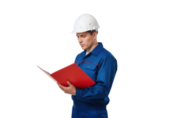A focused construction worker wearing a white hard hat and blue uniform reviews important documents in a red folder isolated on transparent background