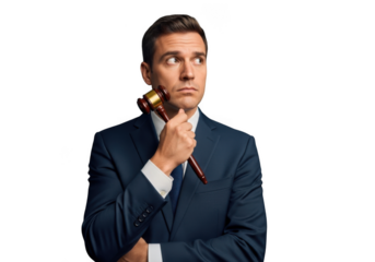 Man in suit holding gavel thinking isolated on transparent background