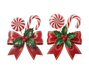 Two festive christmas candy cane and lollipop decorations with red bows and holly isolated on transparent background