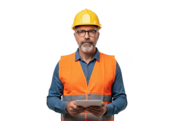 A serious experienced male construction worker wearing a yellow hard hat and orange safety vest holding a tablet isolated on transparent background
