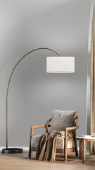 3D Visualization: Minimalist Interior with Transparent Wall and Soft Sofa Shadow for Product Display