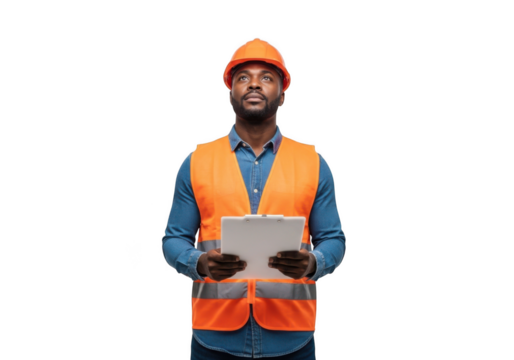 A black male construction worker wearing an orange safety vest and hard hat holds a clipboard isolated on transparent background - Powered by Adobe