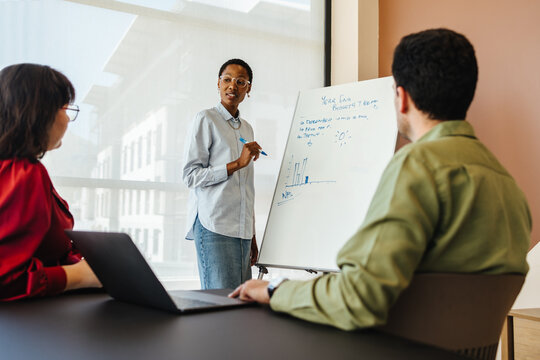 Coworkers discussing strategies during a business meeting with a whiteboard presentation - Powered by Adobe
