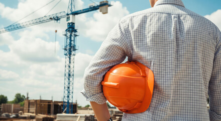 Construction site with an engineer holding an orange hard hat, standing in front of a tower crane. Professional building industry concept for business, safety, planning, and development