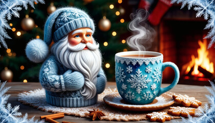 Santa figurine and steaming cup of coffee by fireplace at Christmas  