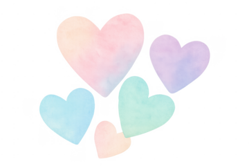 Watercolor pastel hearts floating transparent background