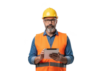 A serious construction worker with a beard and glasses wearing a yellow hard hat and orange vest holds a tablet isolated on transparent background