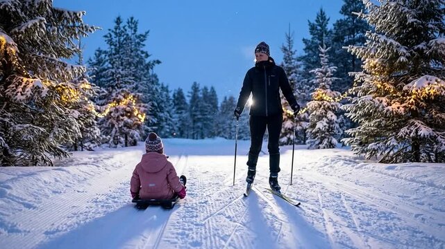 A parent and child enjoying a winter evening outdoors, with the adult skiing and the child sitting in the snow surrounded by snowy, illuminated trees.