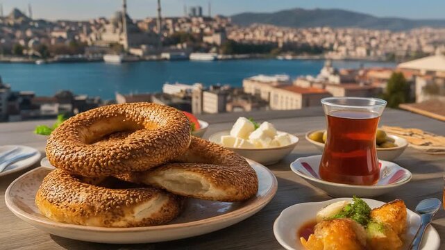A traditional Turkish breakfast featuring simit, tea, cheese, olives, and pastries, enjoyed with a stunning view of Istanbul and the Bosphorus.