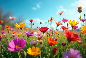 Fototapeta premium Colorful Explosion of Wildflowers in Spring Full Bloom Against a Bright Cerulean Sky