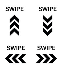 Swipe arrow icon set with bold directional chevrons for user interface navigation. Minimal black symbols for swipe up, down, left and swipe right gestures