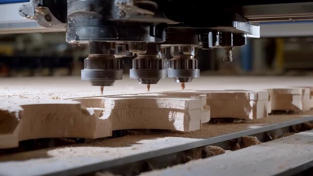 Medium shot showing curved wood panels being shaped by CNC technology emphasizing intricate design capability and seamless craftsmanship in automated cutting.