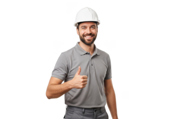 A smiling construction worker wearing a white hard hat and grey polo shirt gives a thumbs up isolated on transparent background