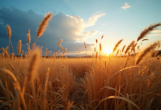 Endless Pampas Grassland Horizon Interspersed with Golden Spikes Under Vast Blue Sky