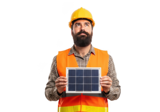 Bearded construction worker in safety vest and hard hat holding small solar panel isolated on transparent background - Powered by Adobe