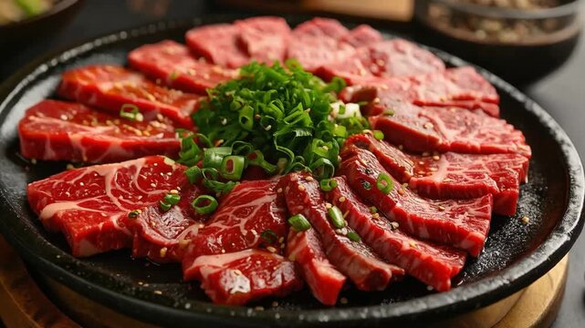 A beautifully arranged platter of raw marbled beef slices topped with fresh scallions, prepared for grilling in a traditional barbecue setting.