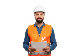 A construction worker wearing a white hard hat and orange safety vest holds a document isolated on transparent background