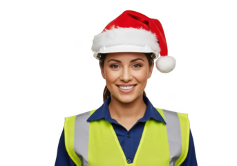 Smiling construction worker wearing a festive red santa hat and high visibility safety vest isolated on transparent background
