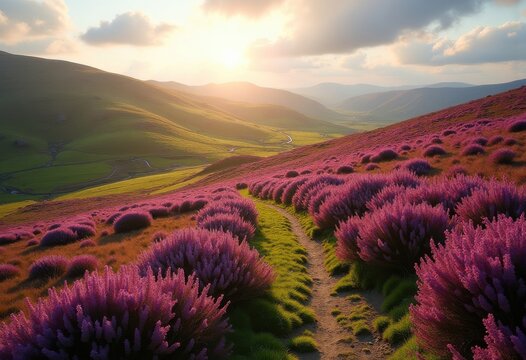 Heather-Covered Highland Moor Blooming Hills Shimmering in Invalid Green-Hued Valley