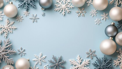 Christmas composition with a festive frame of silver, white, and blue decorations. Baubles and snowflakes arranged on a pastel blue background. Holiday concept with copy space for text. Flat lay.