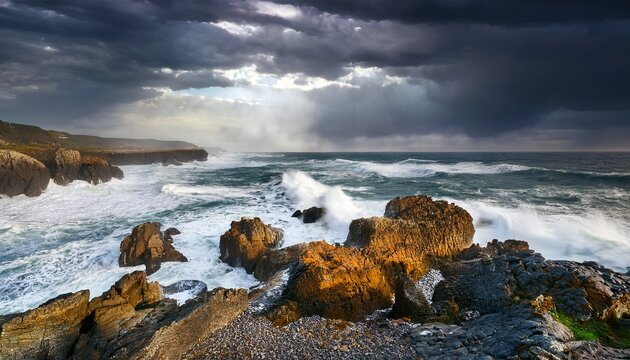 rocky coastline under stormy sky - Powered by Adobe