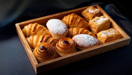 sweet pastries in a wooden box