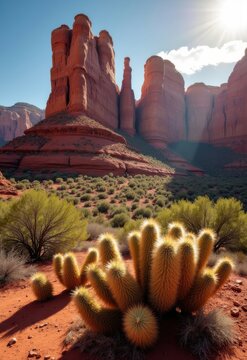 Stunning Cacti Outcrop Amidst Vibrant Red Rock Formations in Bright Luminous Daylight