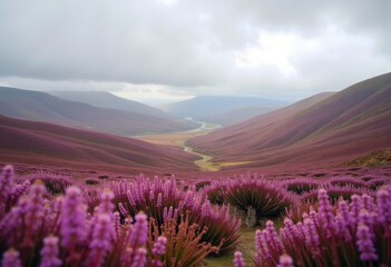 Fototapeta premium Vast Highland Moor Enveloped by Lush Heather Clusters and Rolling Hills