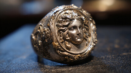 A detailed close-up of an exquisite, antique ring featuring a classical portrait medallion. The ring shows intricate detailing, reflecting the craftsmanship of the past