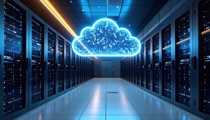 Bright data center corridor with glowing cloud icon above server racks, cloud computing technology.