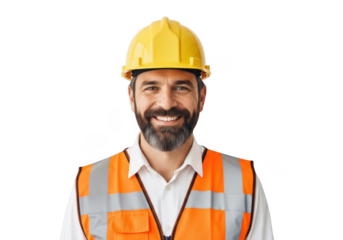 Smiling male construction worker wearing yellow hard hat and orange reflective vest isolated on transparent background