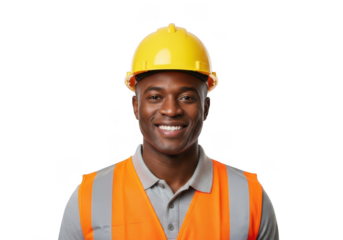 Smiling african american construction worker wearing a yellow hard hat and orange safety vest isolated on transparent background