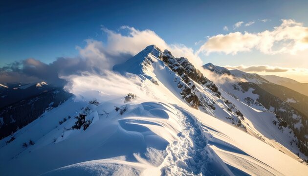 Snow covered mountain ridge with trail at sunrise, winter alpine landscape for hiking and adventure. - Powered by Adobe