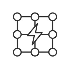 Thin-outline energy network grid icon, ideal for smart grid dashboards, power distribution mapping, utility monitoring platforms, and electrical system analytics.