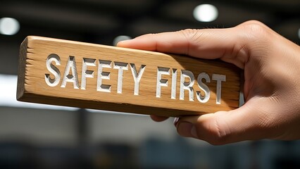 Safety First Wooden Sign Held by Hand: Workplace Protection & Awareness Reminder