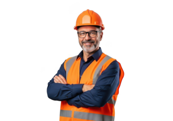 Smiling middle aged man wearing safety vest and hard hat with arms crossed isolated on transparent background