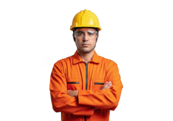 Serious male construction worker wearing bright orange coveralls and yellow hard hat with arms crossed isolated on transparent background