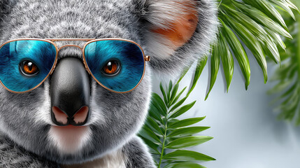 Cartoon koala wearing striking blue sunglasses with mirrored lenses, framed by lush green palm leaves, embodying a cool summer vibe and expressing animal character