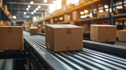 Cardboard box moving on an automated conveyor belt system in a modern warehouse, symbolizing efficient logistics, shipping, distribution, and global supply chain operations
