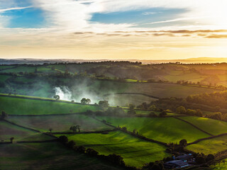 Colours of autumn Fields and Farms over Sheldon from a drone, Torbay, Devon, England