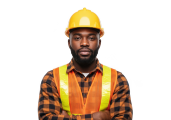 A confident black construction worker wearing a yellow hard hat and bright orange safety vest isolated on transparent background