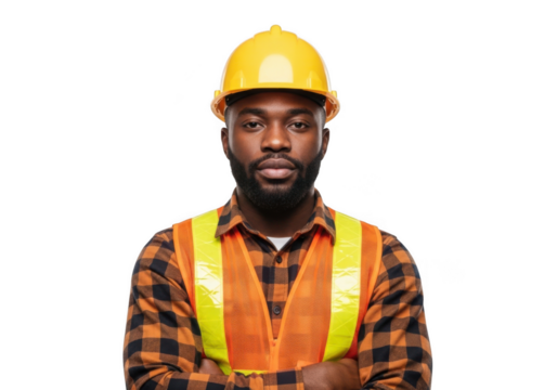 A confident black construction worker wearing a yellow hard hat and bright orange safety vest isolated on transparent background - Powered by Adobe