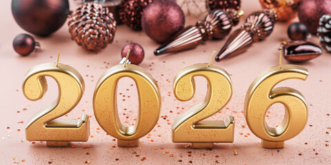 centered gold 2026 candles with glittering baubles pinecones christmas trees and festive decor on soft pink background