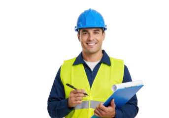 Smiling construction worker wearing a blue hard hat and yellow safety vest holding a clipboard and pen isolated on transparent background