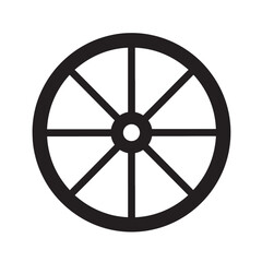 Obraz premium Simple black wagon wheel vector icon a classic spoked design element for historical or transportation-themed projects isolated on white background